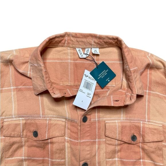 NWT ROXY Turn It Up Check Button Down Shirt Orange White Size Large - Picture 9 of 10
